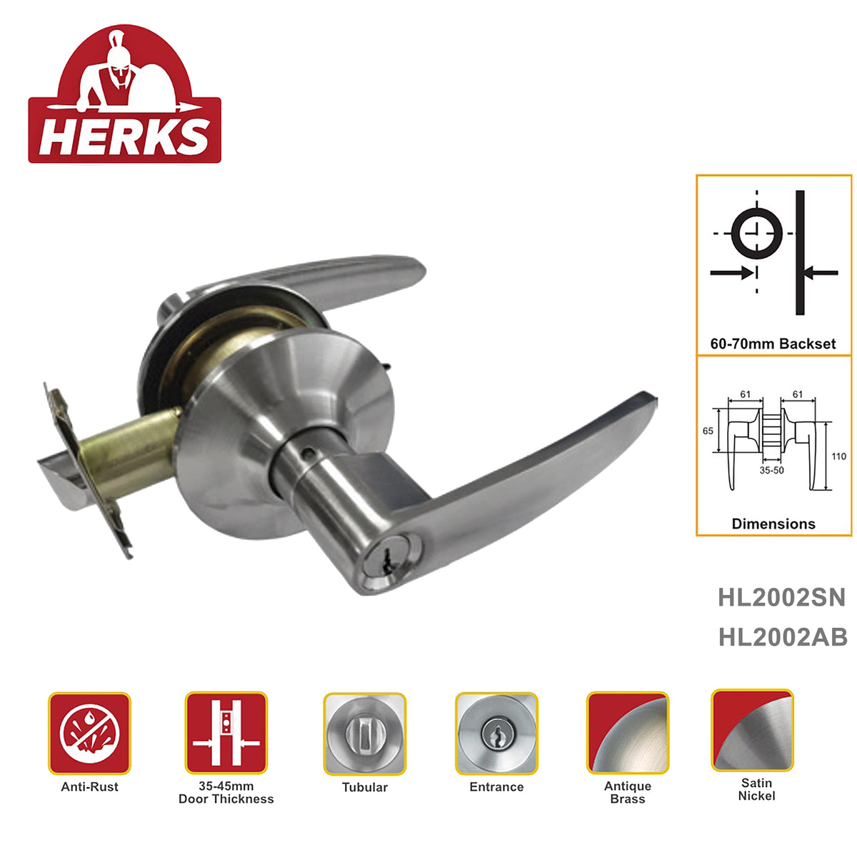 HERKS by Winland Satin Stainless/Antique Brass HERKS Leverset Tubular Entrance Function