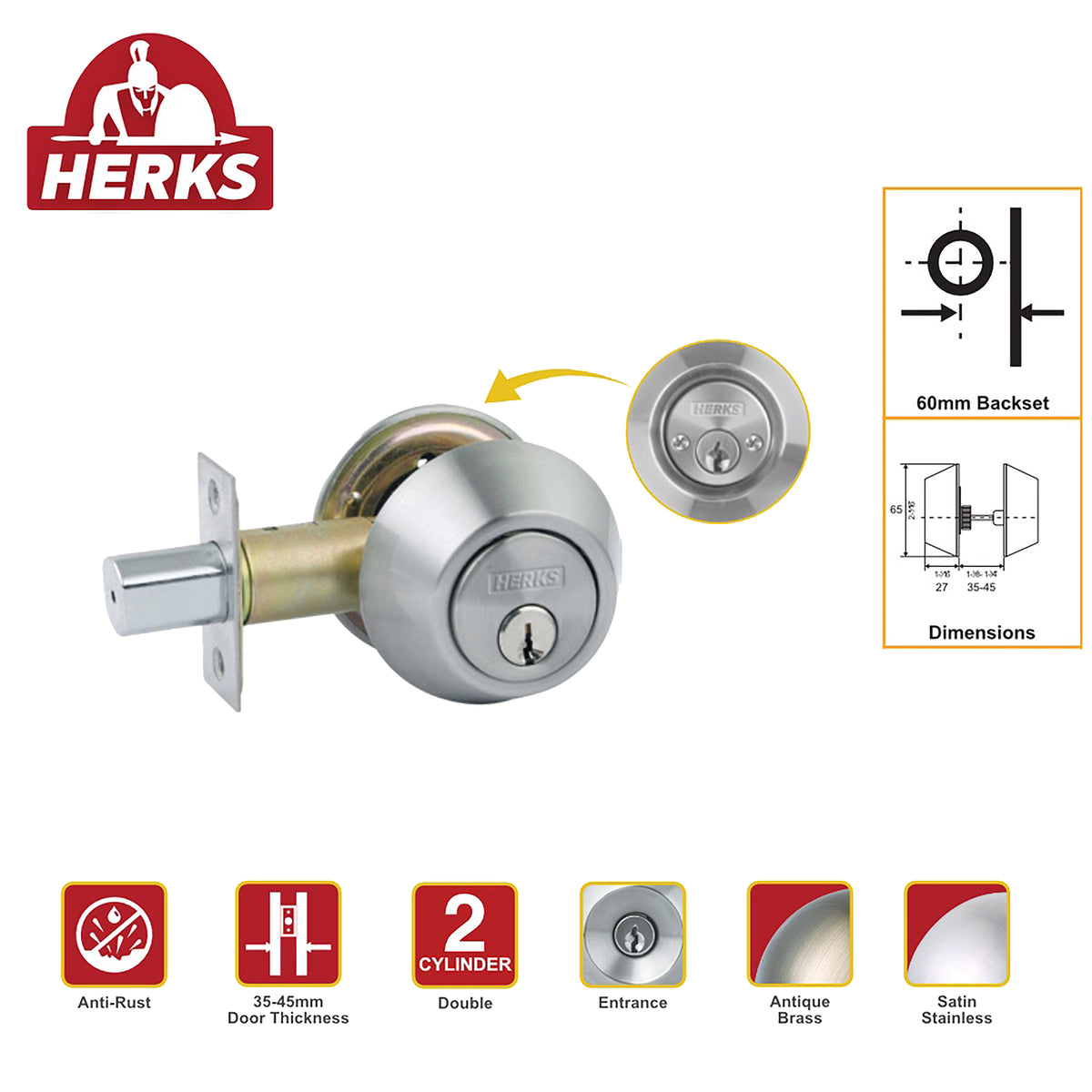 HERKS by Winland Satin Stainless/Antique Brass Deadbolts lock Double Cylinder