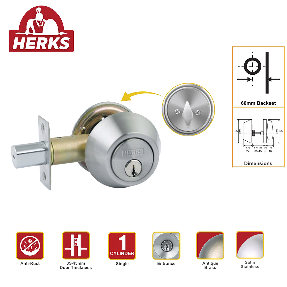 HERKS by Winland Satin Stainless/Antique Brass Deadbolts lock Single Cylinder