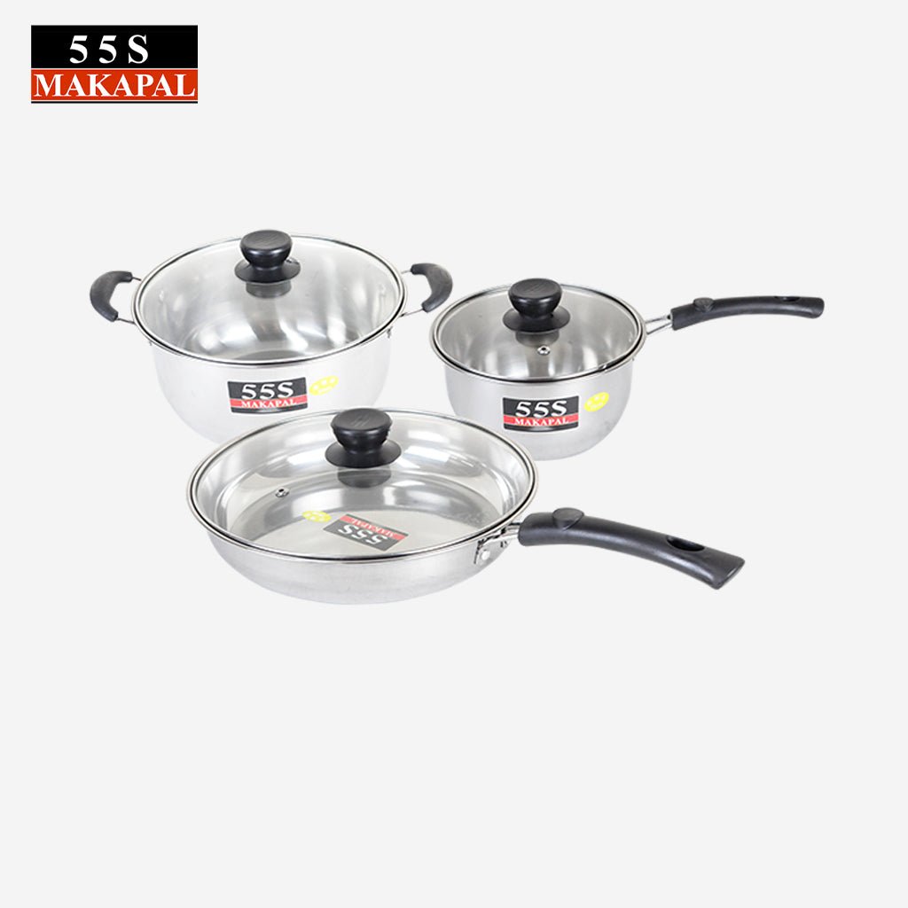 555 High Quality Induction 3pcs Cookware Set Stainless Steel w/ Glass Cover Lid 9956 - Winland Depot