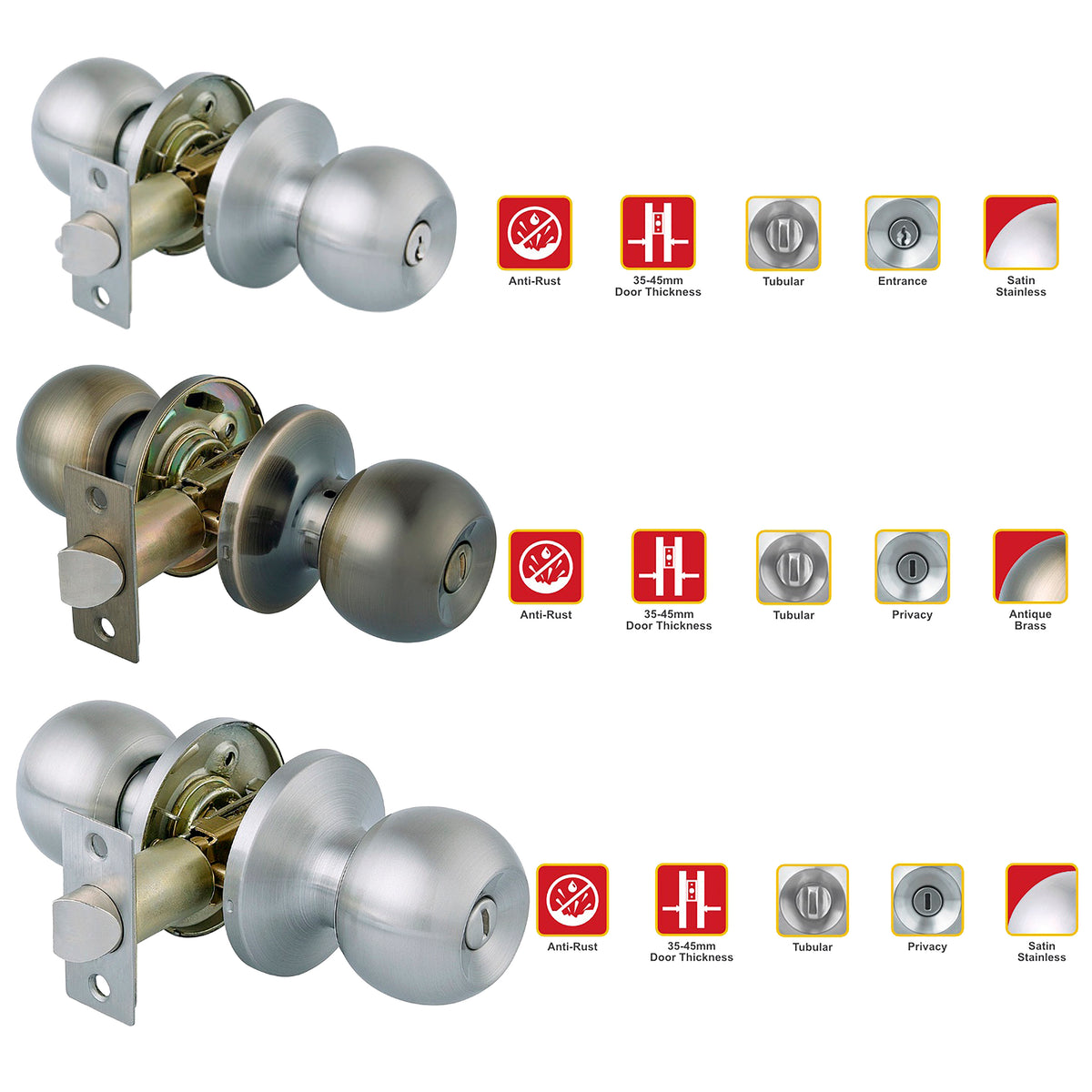 HERKS by Winland Satin Stainless/Antique Brass ROUND HERKS Knobset Tubular Entrance & Privacy Function