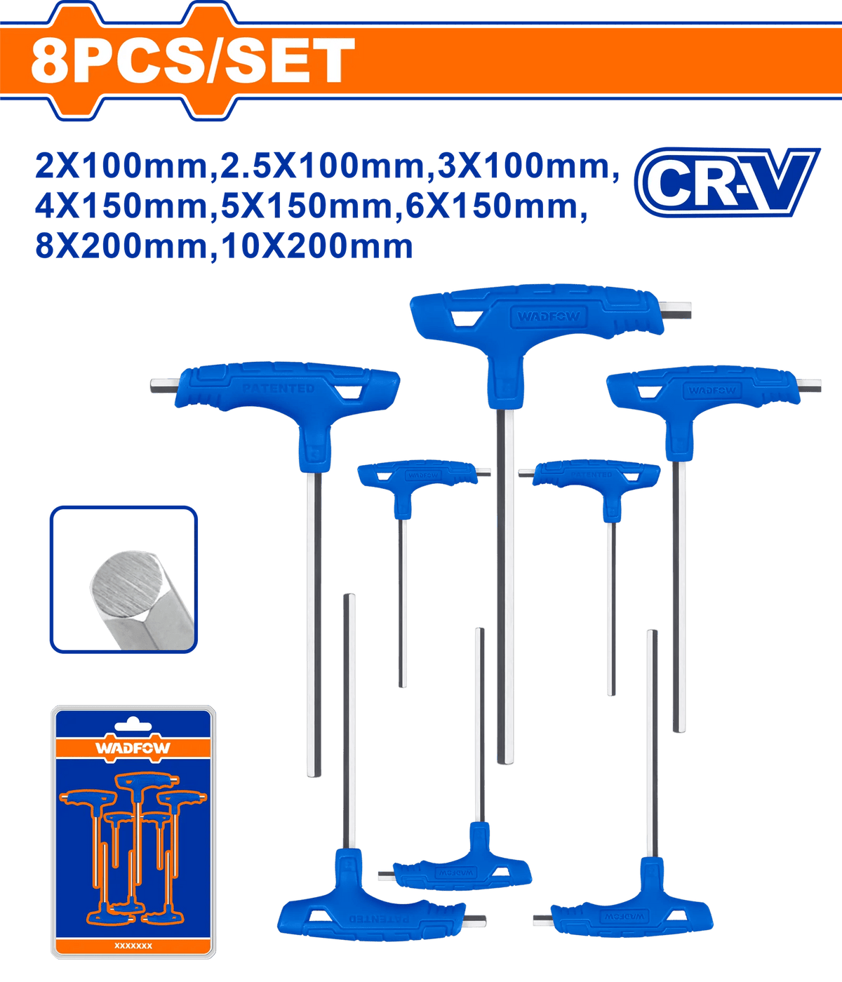 Wadfow by Winland 8PCS/Set Heat Treatment & Chrome Plate Cr-V Material T-Handle Hex Wrench WHK1481
