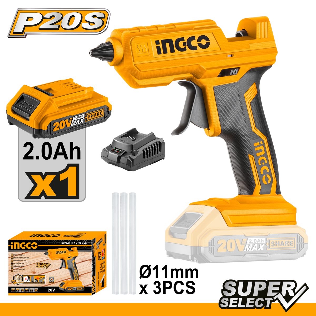 Ingco P20S 20V Lithium-Ion Cordless Glue Gun 20V CGGLI20018
