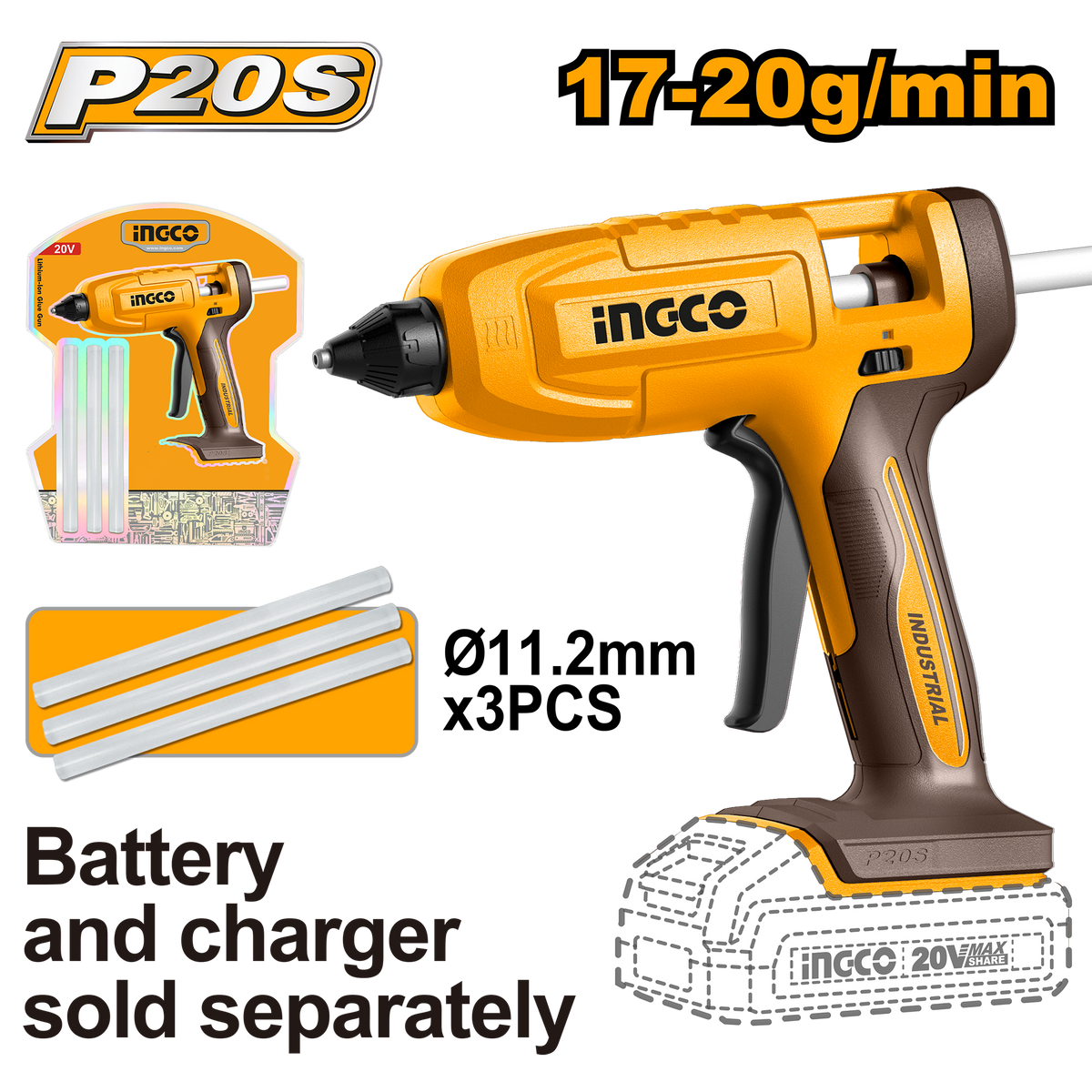 Ingco P20S 20V Lithium-Ion Cordless Glue Gun 20V CGGLI20018