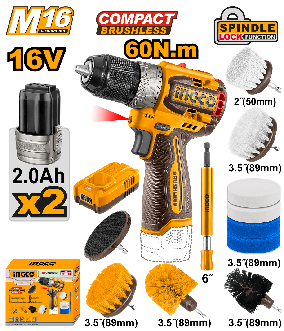 16V/M16 Combo Kit Lithium-Ion Cordless Drill with 11PCS Cleaning Brush COSLI240786 ING-COR