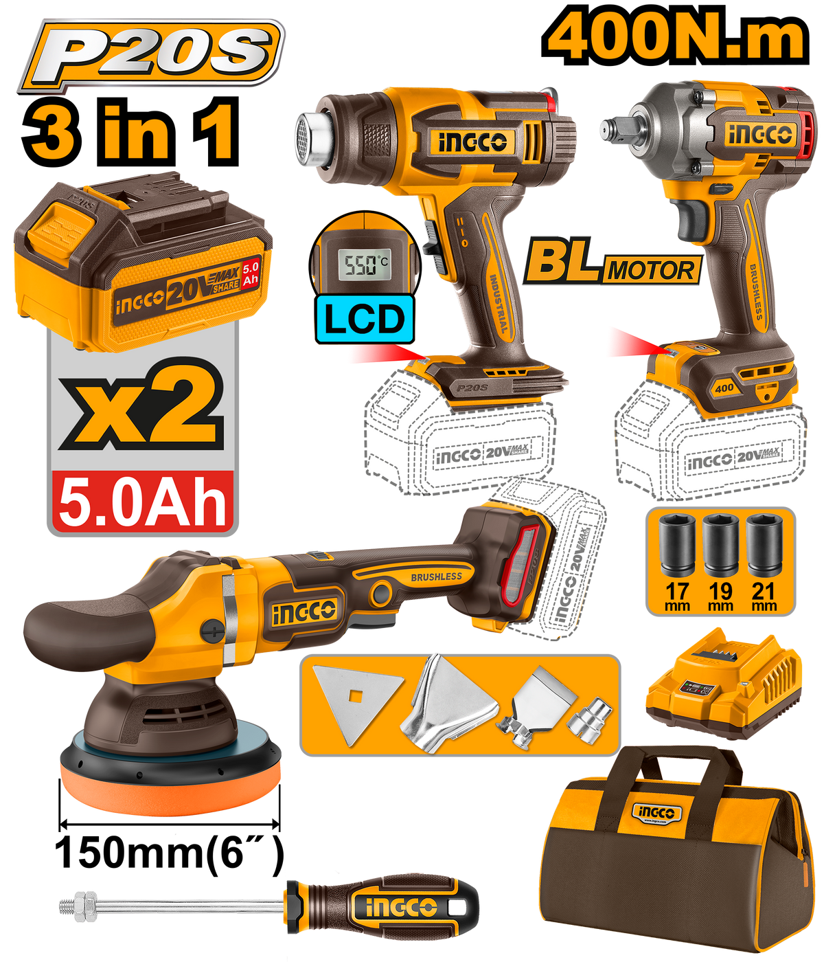 P20S/20V 3PCS Combo Kit with Lithium-Ion Cordless Impact Wrench COSLI240863 ING-COR