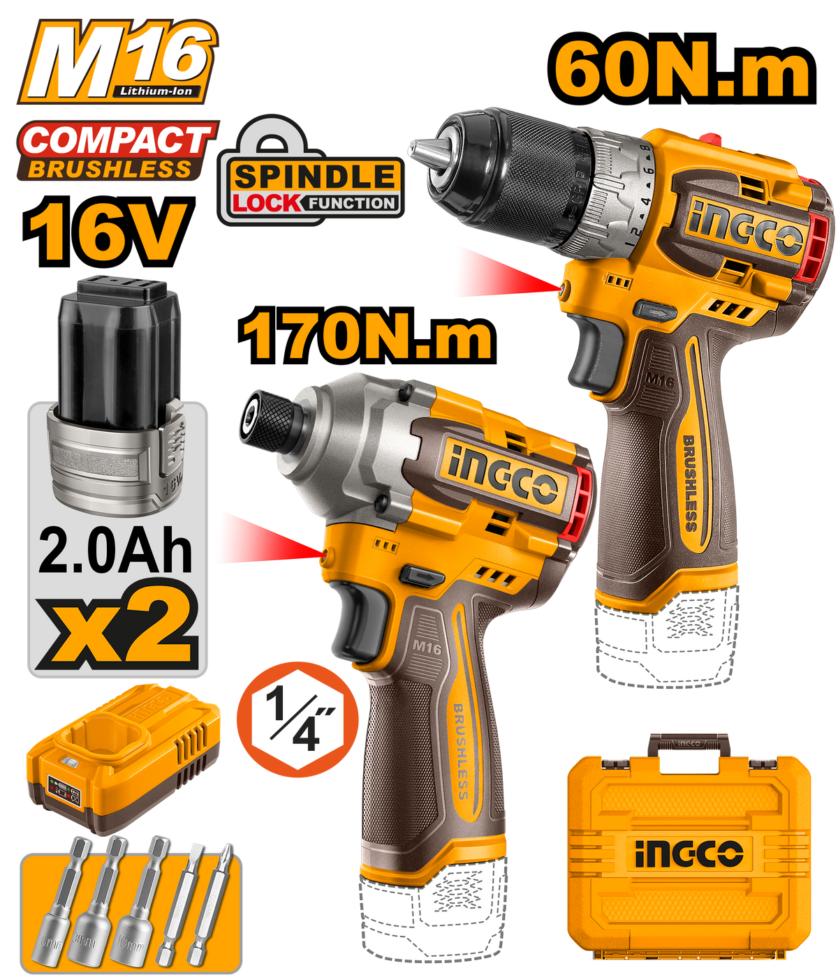 16V/M16 2PCS Combo Kit with Lithium-Ion Cordless Compact Drill COSLI240968 ING-COR