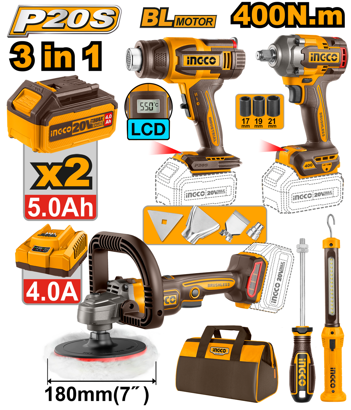 P20S/20V 4PCS Combo Kit with Lithium-Ion Cordless Polisher COSLI241182 ING-COR