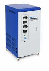 Stavol 15KVA Tri-Phase Automatic Voltage Regulator ST3-15000VA in a white industrial cabinet with analog meters and 100% pure copper winding sticker.