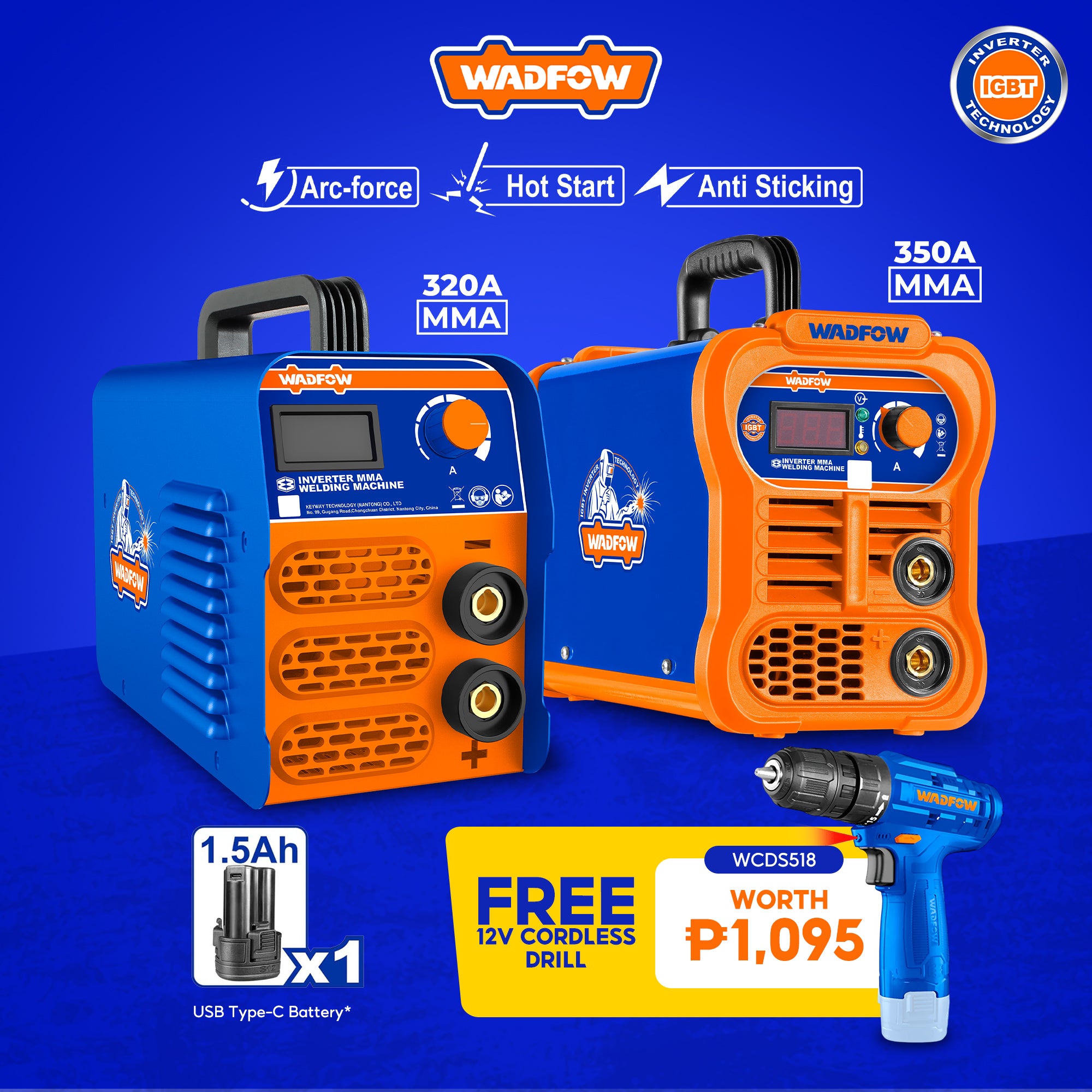 Two welding machines with WADFOW branding on a blue background, featuring text and product details.