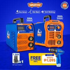 Two welding machines with WADFOW branding on a blue background, featuring text and product details.