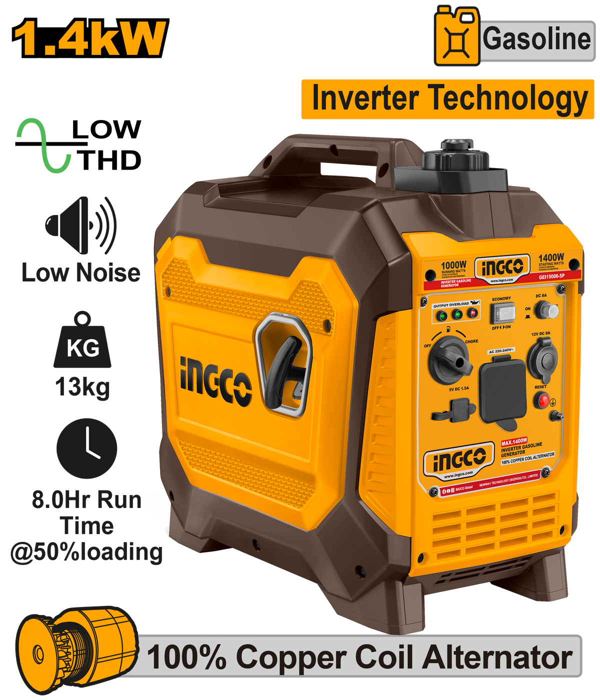 Ingco Inverter Gasoline Generator 1.5KVA (220-240V) GEI15006-5P ING-EN