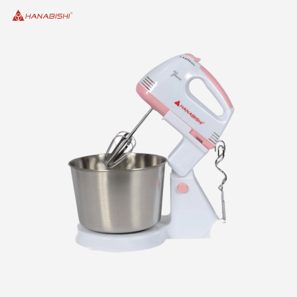 Hanabishi Stainless Bowl Hand Mixer w/ 7 Speed Control,Beater,Dough Hooks HHMB120SS