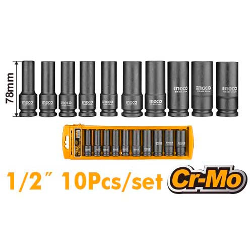 Ingco 10 Pcs 1/2 Inch Drive Deep Impact Socket Set HKISSD12102L