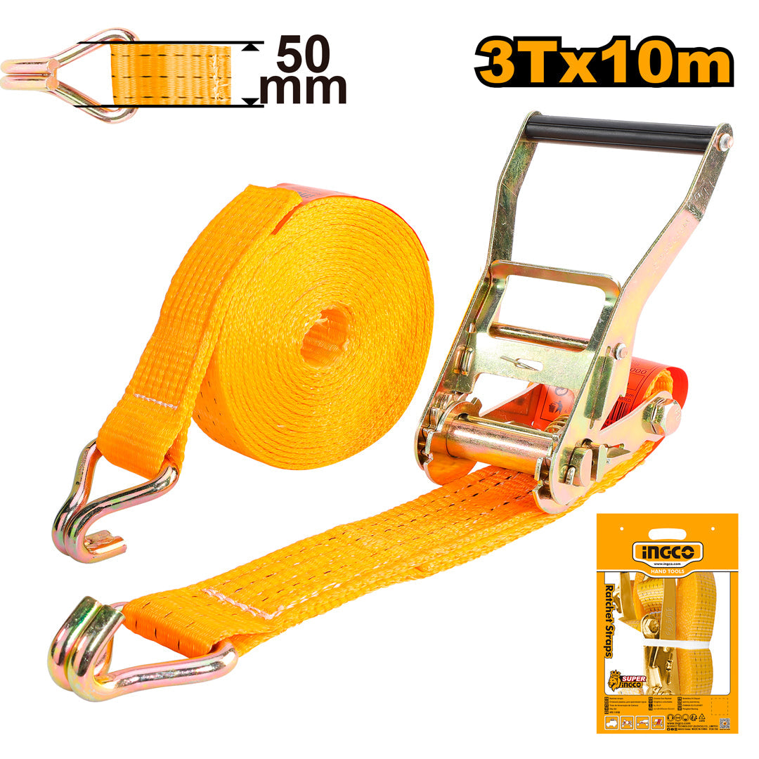 Ingco 10 Meter Ratchet Straps Tie Down Hold Secure Cargo Straps 3T x 10M HRSP3101 / HRSP3107