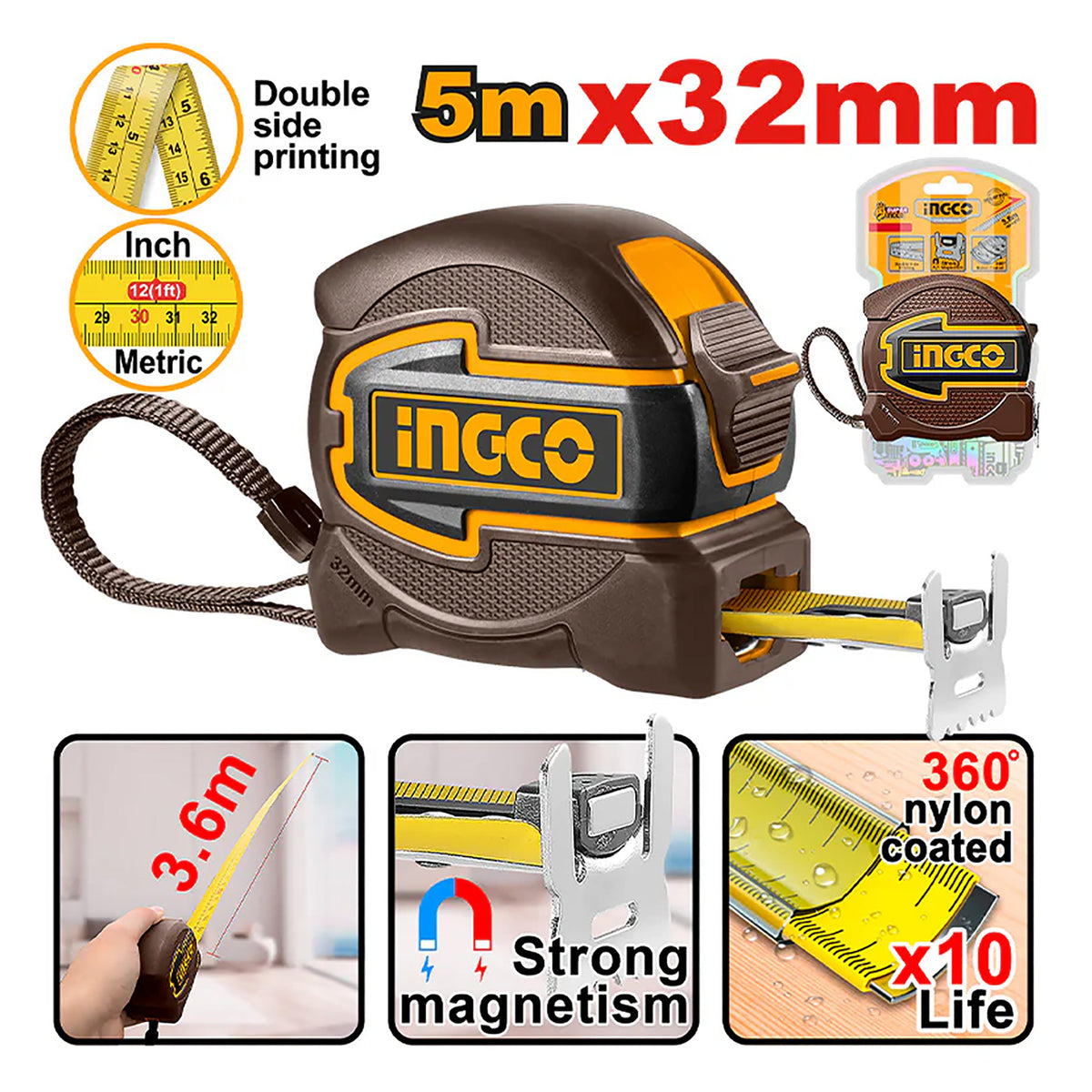 Ingco by Winland Steel Measuring Tape with Length & Width: 5m x 32mm | 8m x 32mm ING-HT