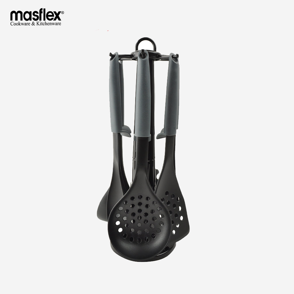 Masflex by Winland 6 Piece Gray Utensils Set with Rack Ladle Spoon Turner Skimmer HI-025