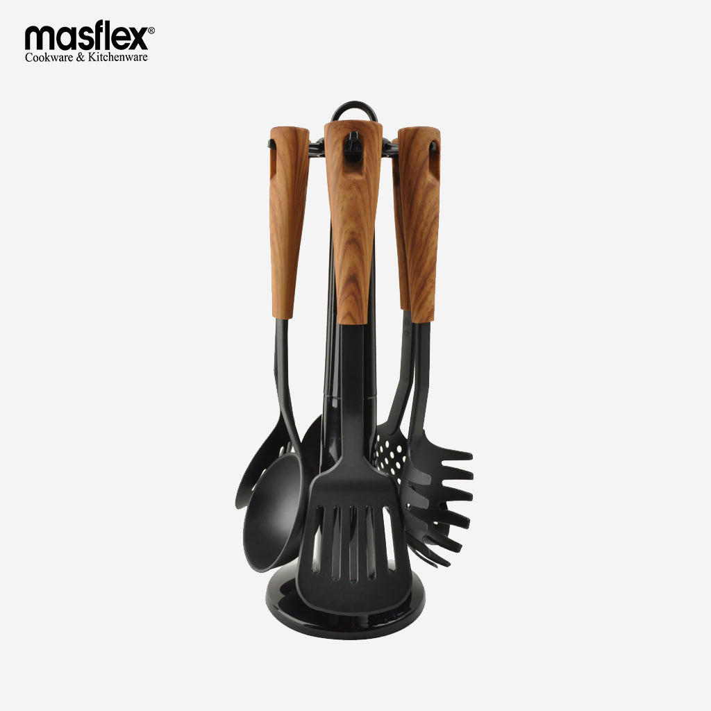 Masflex 6 Piece Utensils Set with Rack Soup Ladle Spoon Turner Spaghetti Server HI-963