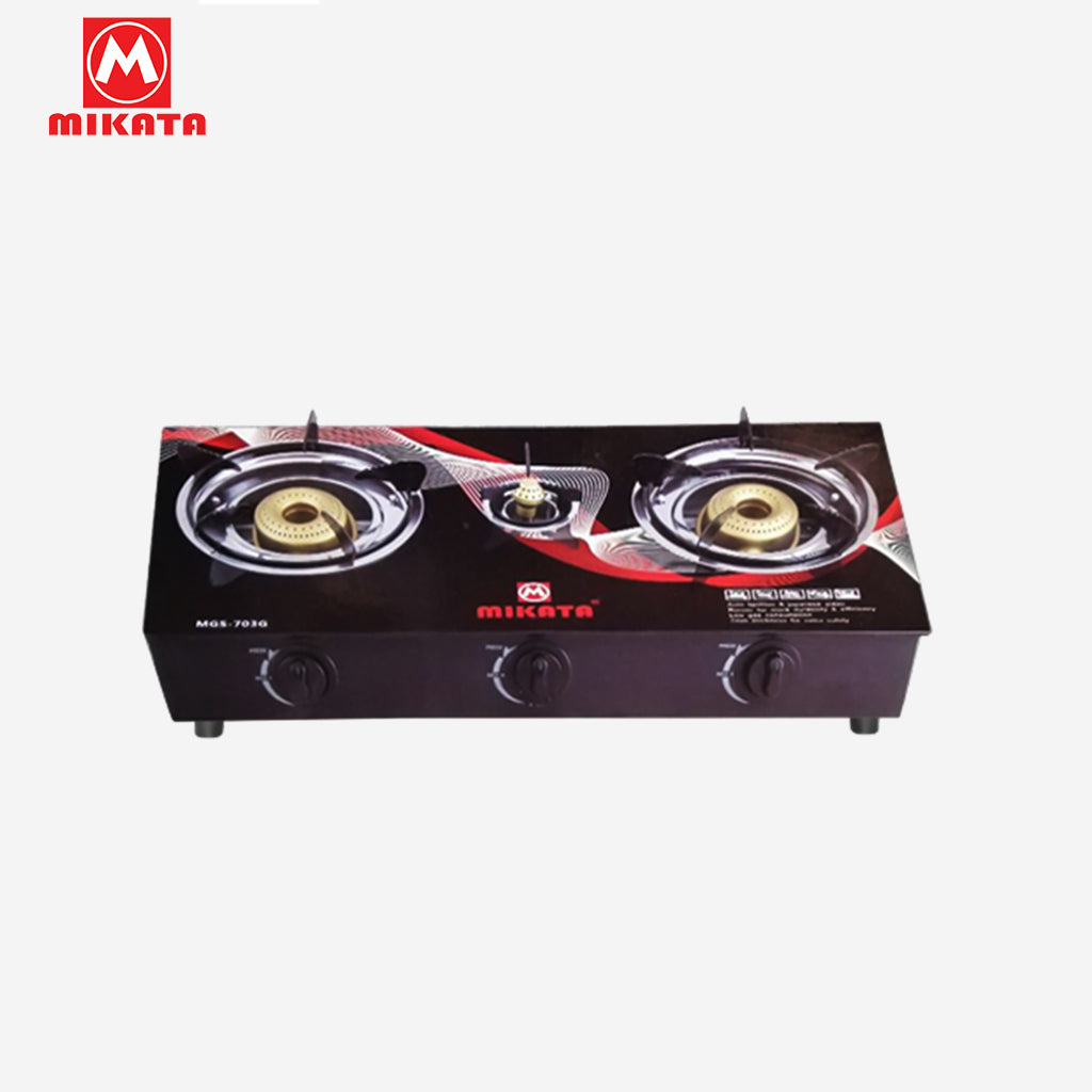 Mikata Triple Burner Strong & Durable Steel Body Glass Top Gas Stove MIK-MGS-703G