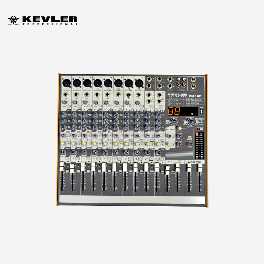 Kevler Professional Mixer MIX-12BT 12 CH 8 MIC / LINE 2 AUX W/ 24 BIT 99 DSP W/ USB & BT