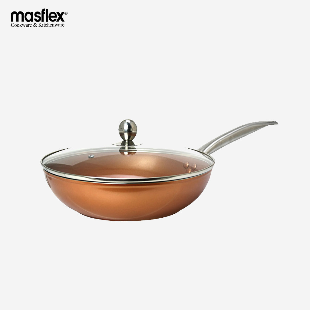 Masflex Non Stick Copper Induction Deep Fry Pan with Glass Lid 28cm Frying Pan NK-28DFP