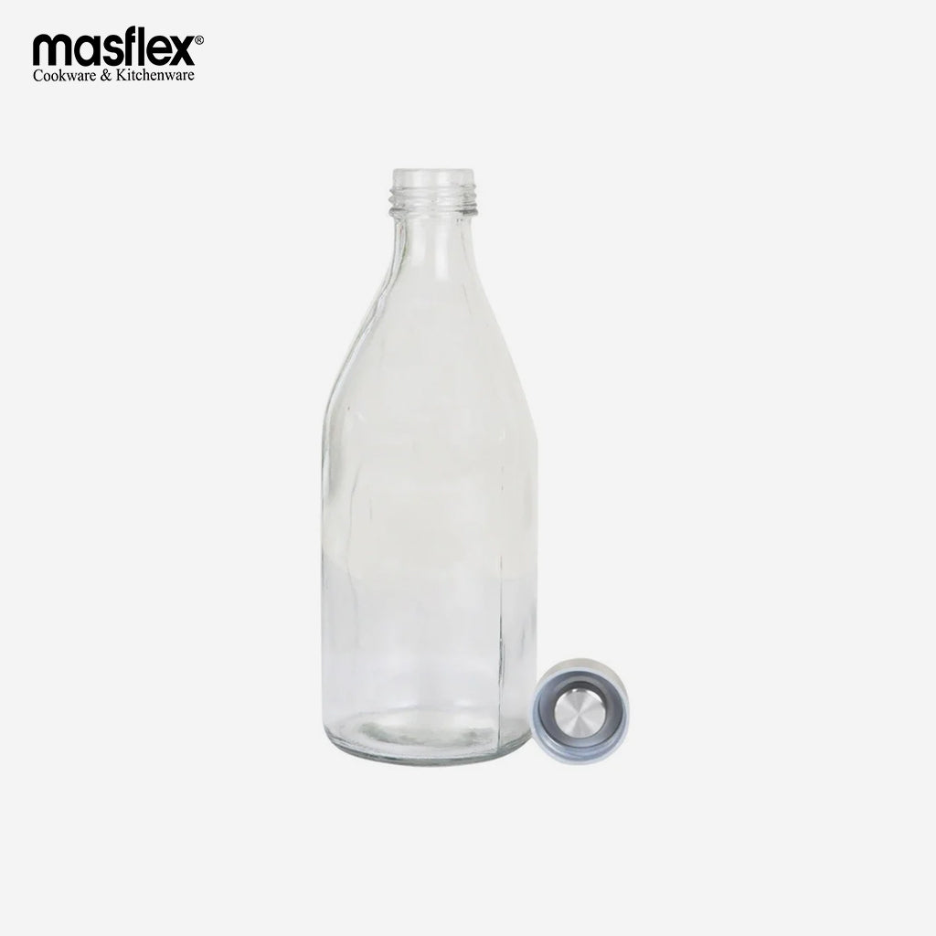 Masflex 1000mL Glass Round Water Container Bottle Pitcher with Silver ...