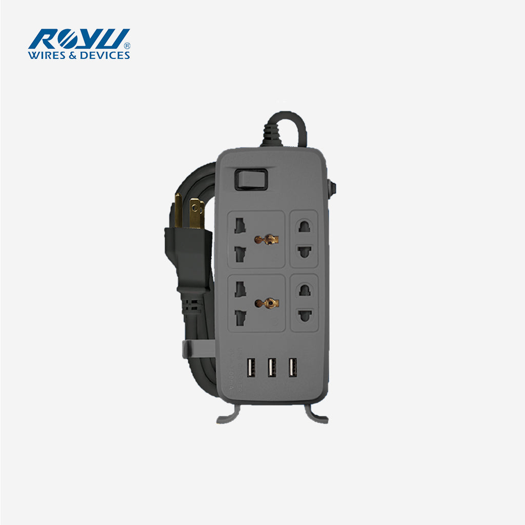 Royu by Winland 4 Gang Power Extension Cord w/ One Main Switch & 3 USB Ports - Grey REDEC634/G