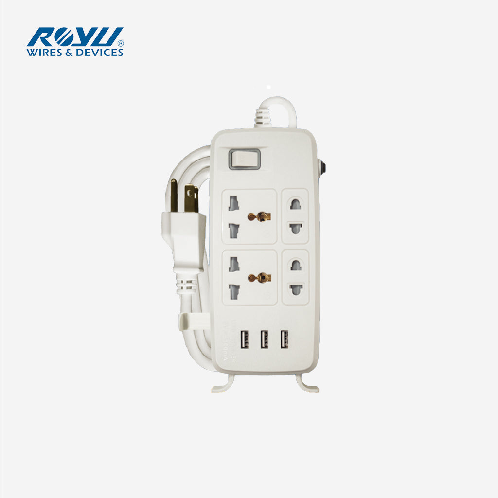 Royu by Winland 4 Gang 2 Meter Power Extension Cord w/ One Main Switch & 3 USB Ports REDEC634/W