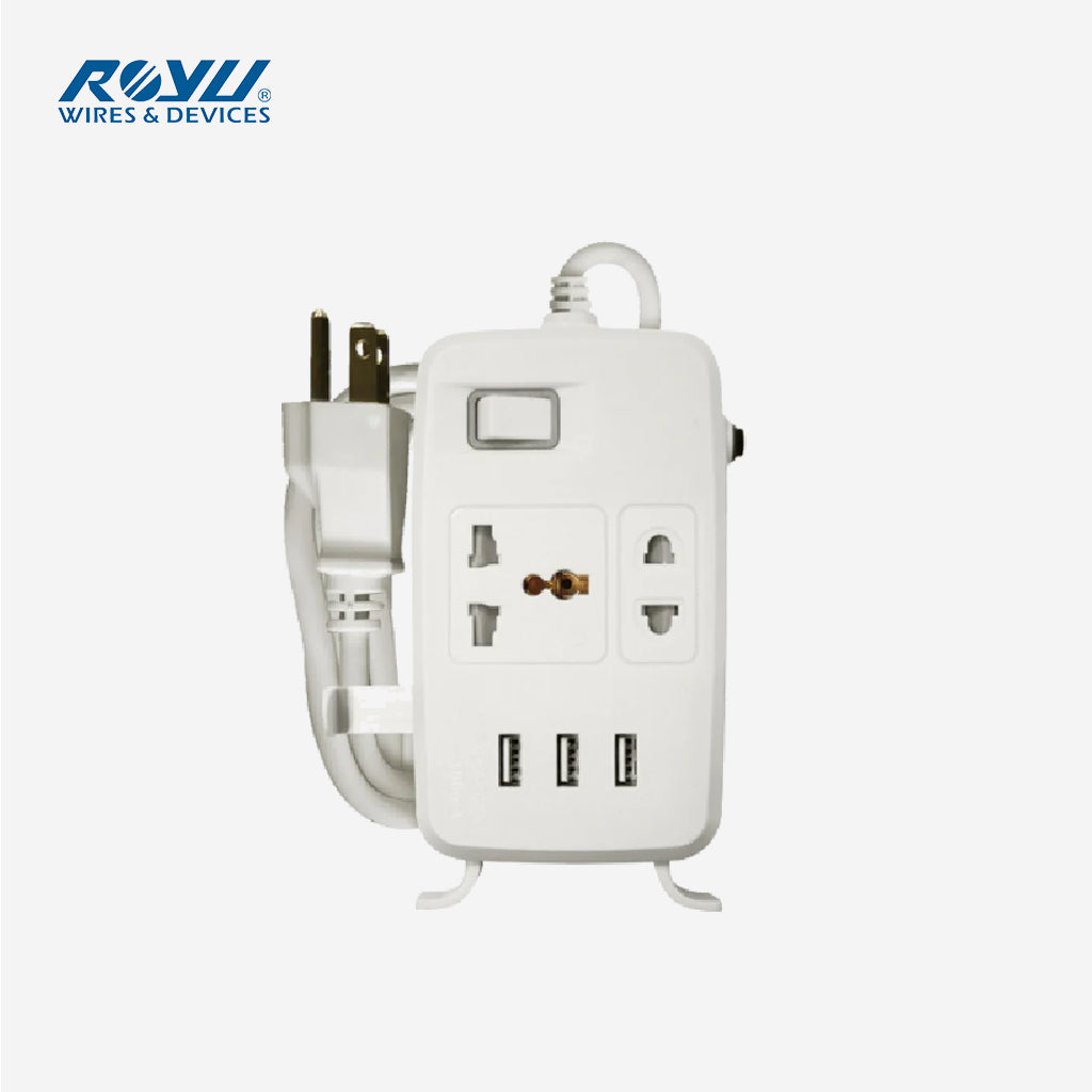 Royu by Winland 2 Gang Power Extension Cord with One Main Switch & 3 USB Ports - White REDEC632/W