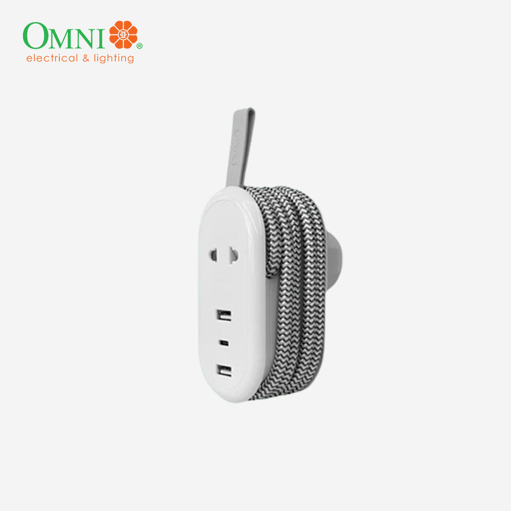 Omni by Winland Compact USB Powerstrip Pocket Extension Cord 2 Outlet with USB Charging Port USB-221