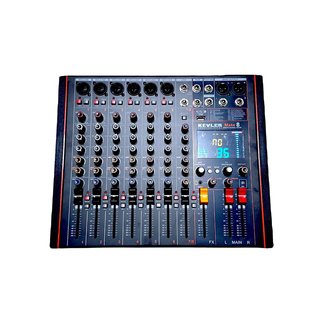 Kevler Mate 8 Compact Mixer 8 Channel | Bluetooth USB DSP Effects | 6 Mic Input Audio Mixer with Phantom Power