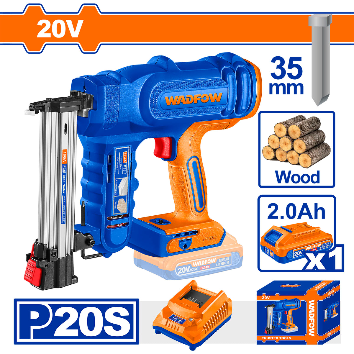 Wadfow P20 Series Li-Ion 20V Cordless Brad Nailer Kit Drive Rate 2 Nails/Second WBJ1308 (WCT)
