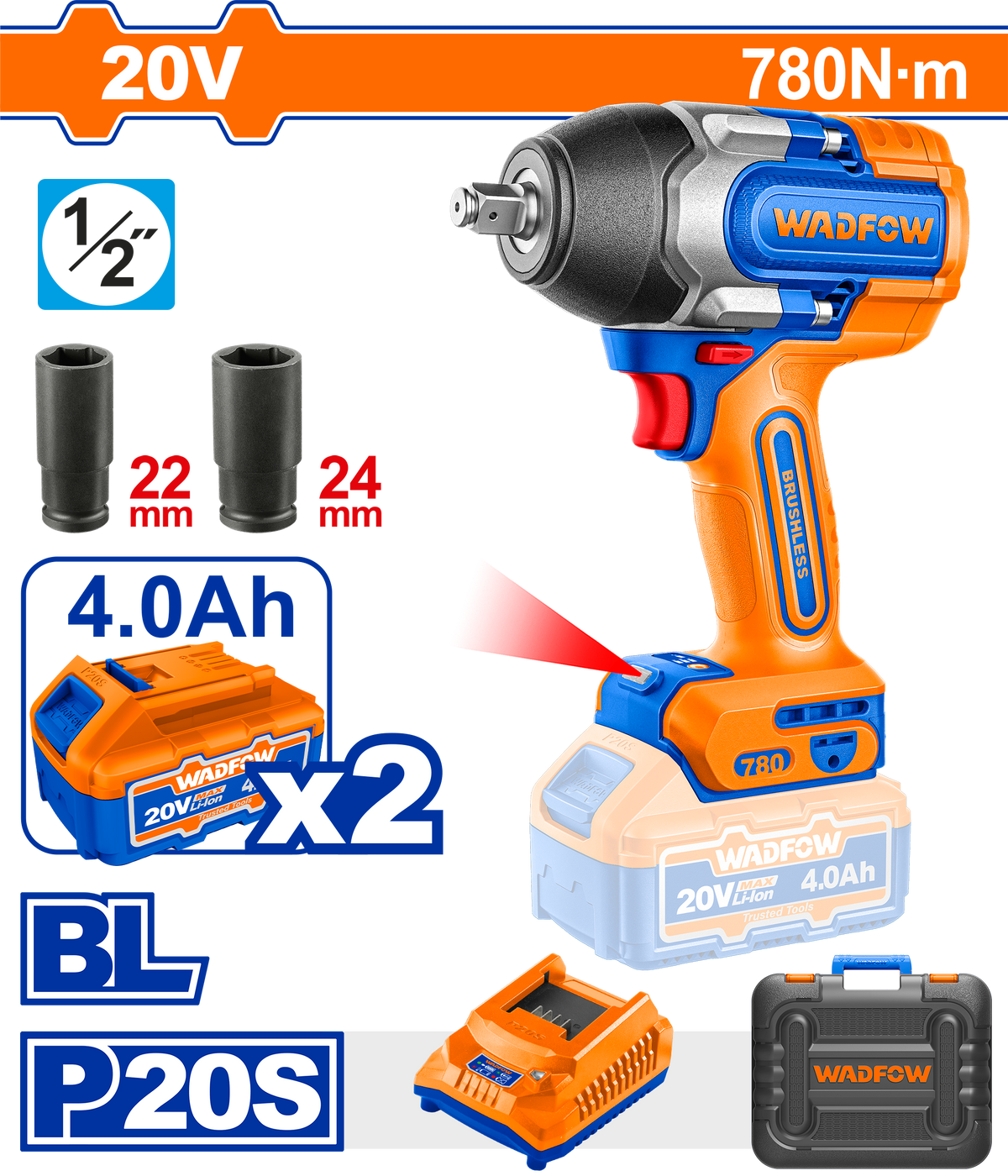 Wadfow P20S/20V Brushless Motor Lithium-Ion Cordless Impact Wrench 780NM WCD1B78 WAD-CT