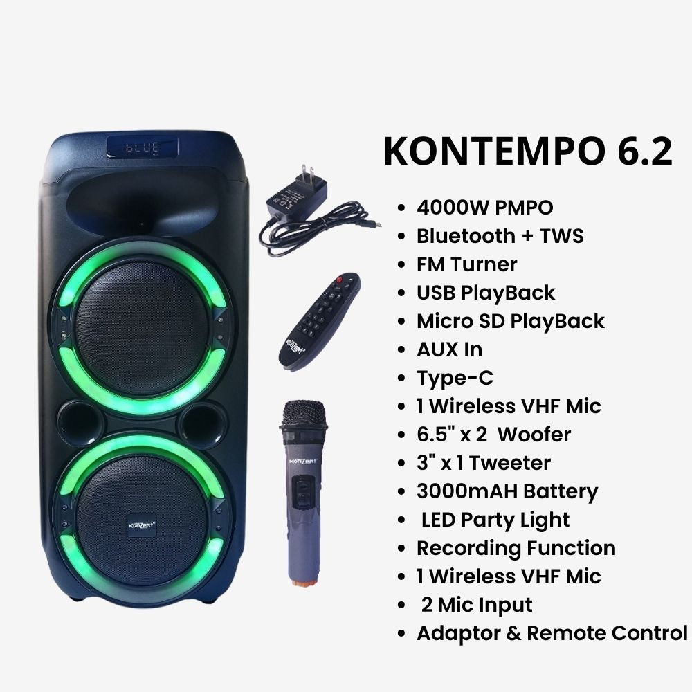 Konzert Kontempo 6 Karaoke Portable Party Speaker w/Bluetooth, FM,SD, AUX, USB, Mic Input