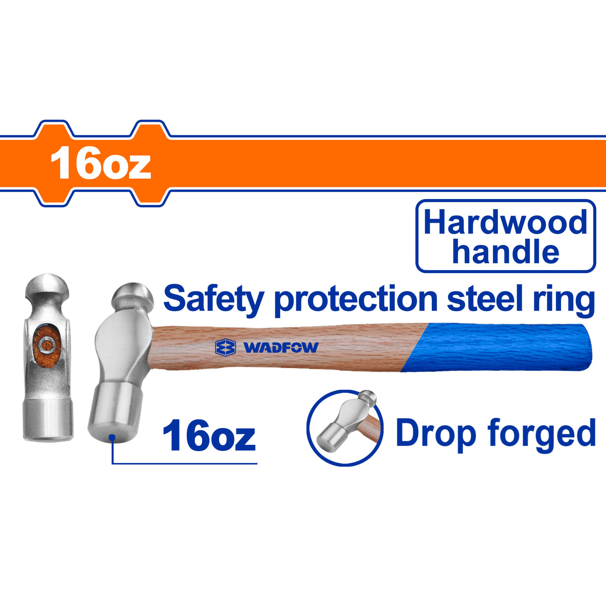 Wadfow  Drop-Forged Carbon Steel Hammerhead Ball Pein Hammer With Hardwood Handle WAD-HT