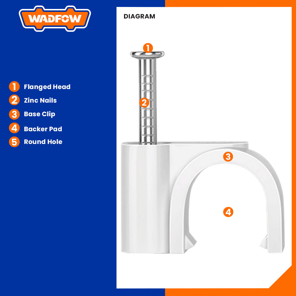 Wadfow WFQ13 Round Plastic Construction and Zinc Plated Nails Cable Clips 100pcs/set