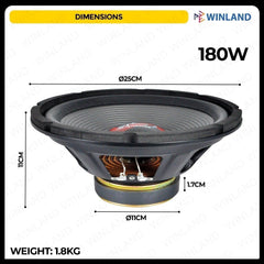 Crown 10inches Professional Round Woofer Speaker / 180watts / 8ohms PRO - PW - 1018(RND) /1pc - Winland Depot