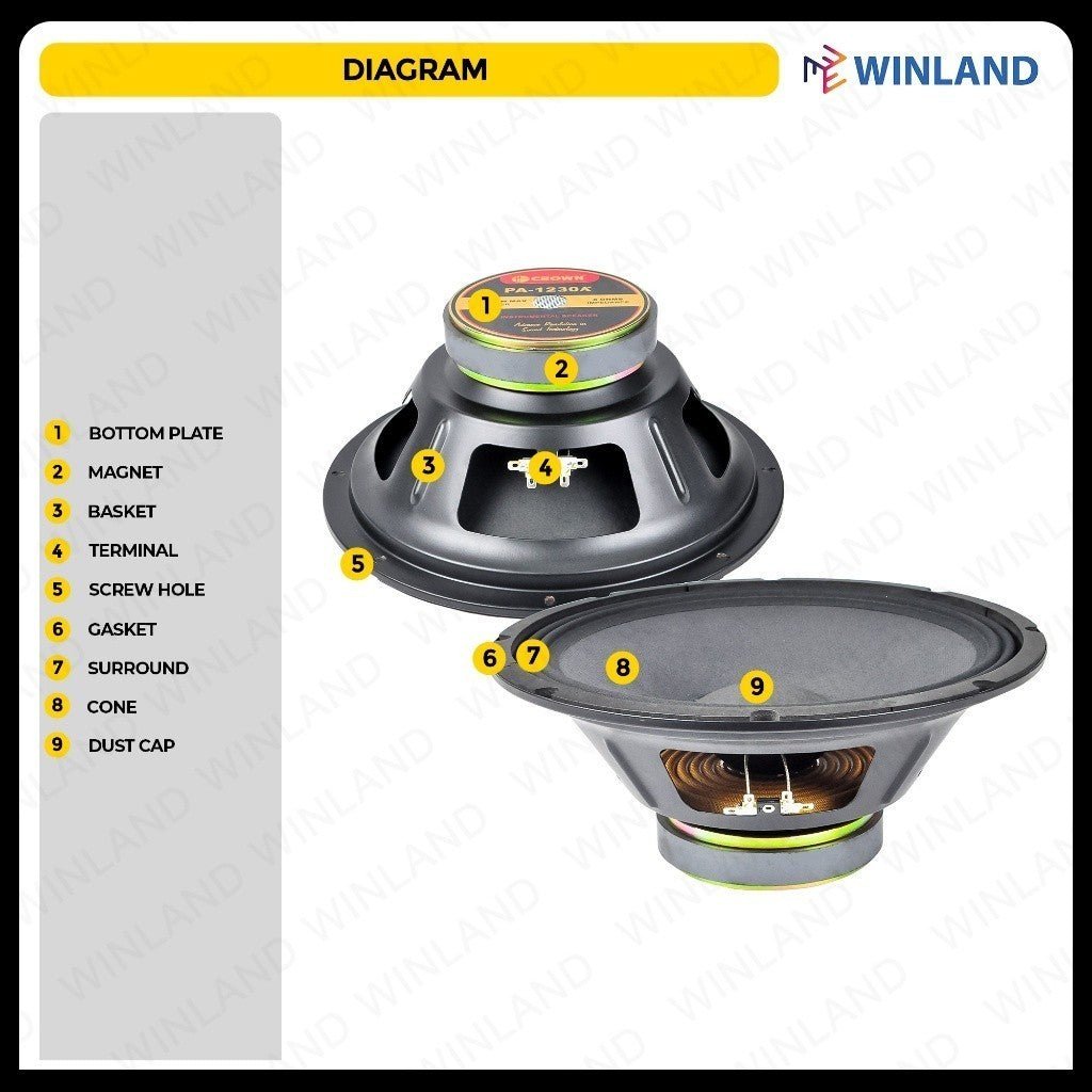 Crown 12inches Professional Instrumental Speaker / 300 - 350watts / 8ohms PA - 1230K (1)piece - Winland Depot