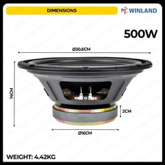 Crown 1pc 12 Inches Professional Woofer Speaker / 300 - 500watts / 8ohms HW - 1250 - Winland Depot