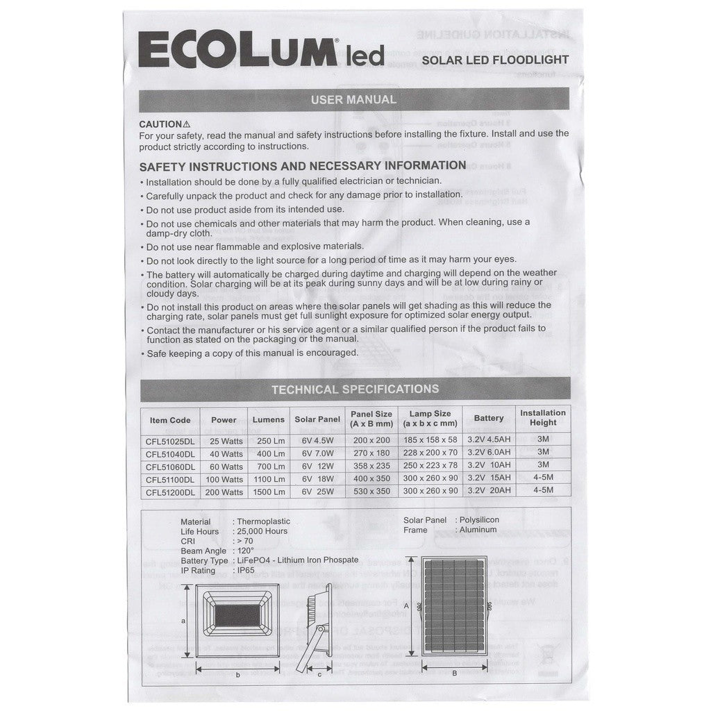 Ecolum Solar LED Floodlight 100W / 1100 Lumens Daylight CFL51100DL - Winland Depot