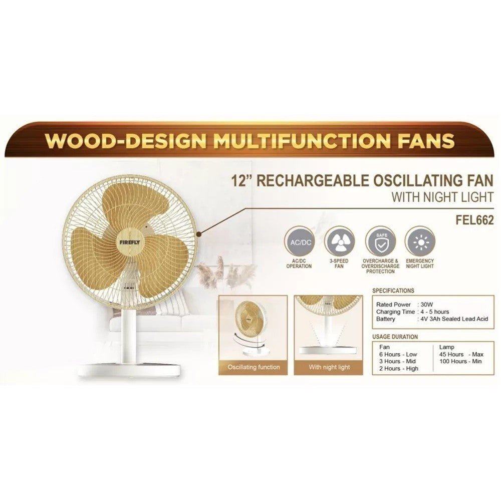 Firefly 12 inch Rechargeable Fan w/ Light and Wood Design - FEL662 - Winland Depot