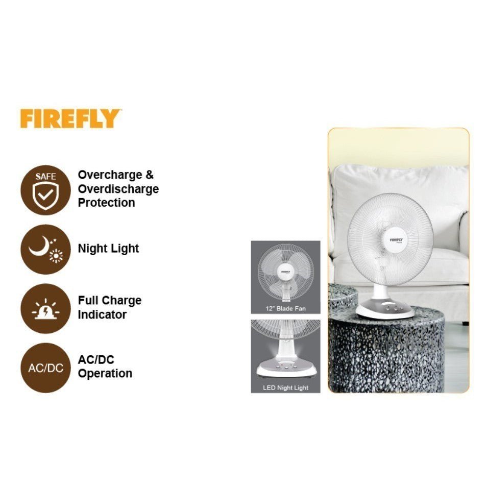 FIREFLY 12 Inches Rechargeable Desk Fan Electric Fan with LED Night Light FEL6112 - Winland Depot