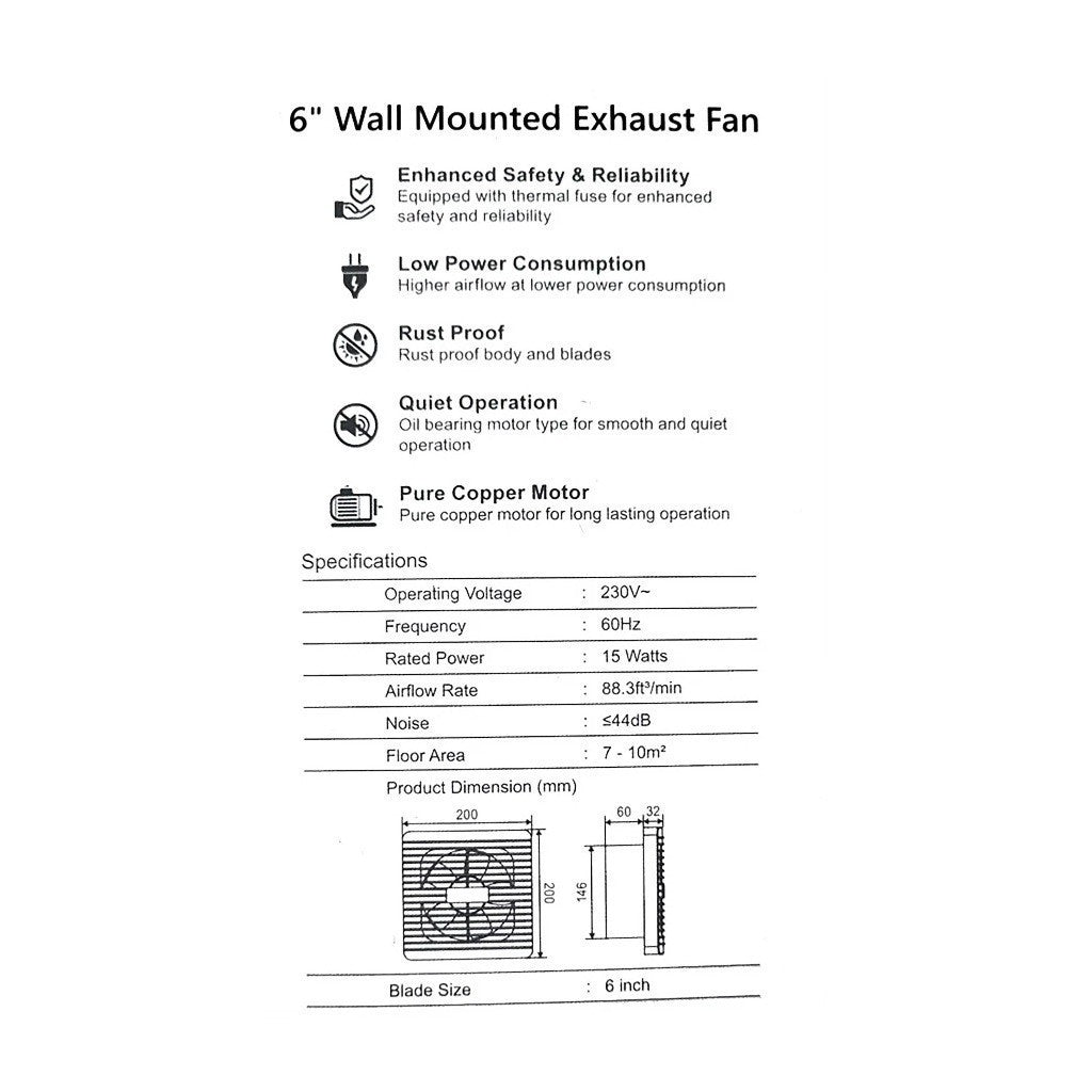 Firefly 6 Inches Wall Mounted Exhaust Fan 15W FEFW21/06W - Winland Depot