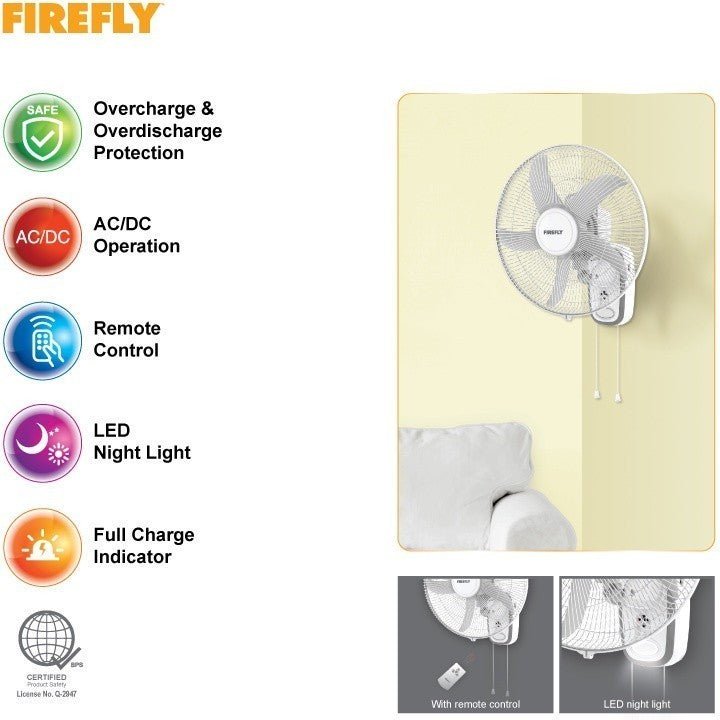 Firefly Rechargeable 14 inch Wall Fan with Night Light and Remote Control FEL652 - Winland Depot