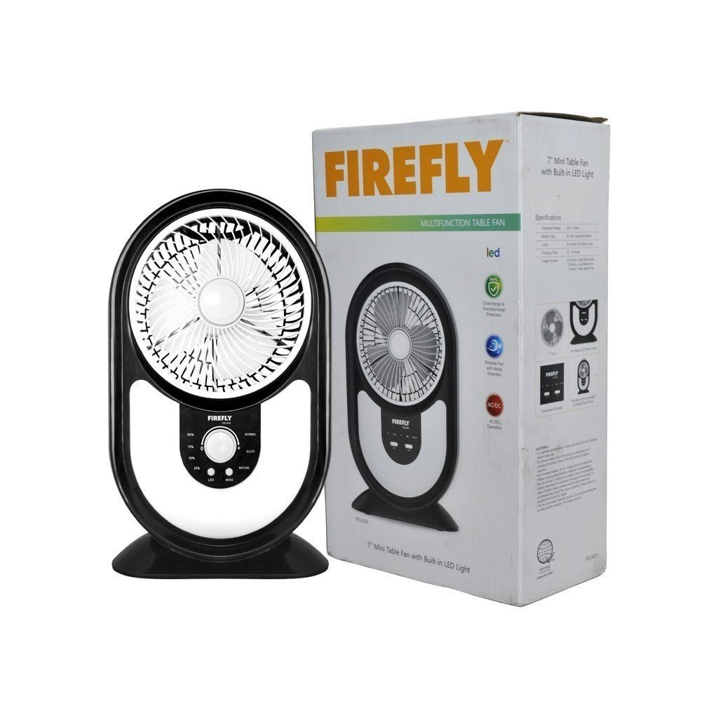 Firefly Rechargeable 7 Inch Mini Table Fan w/ Night Light w/ Built - in LED Lighting FEL629 - Winland Depot