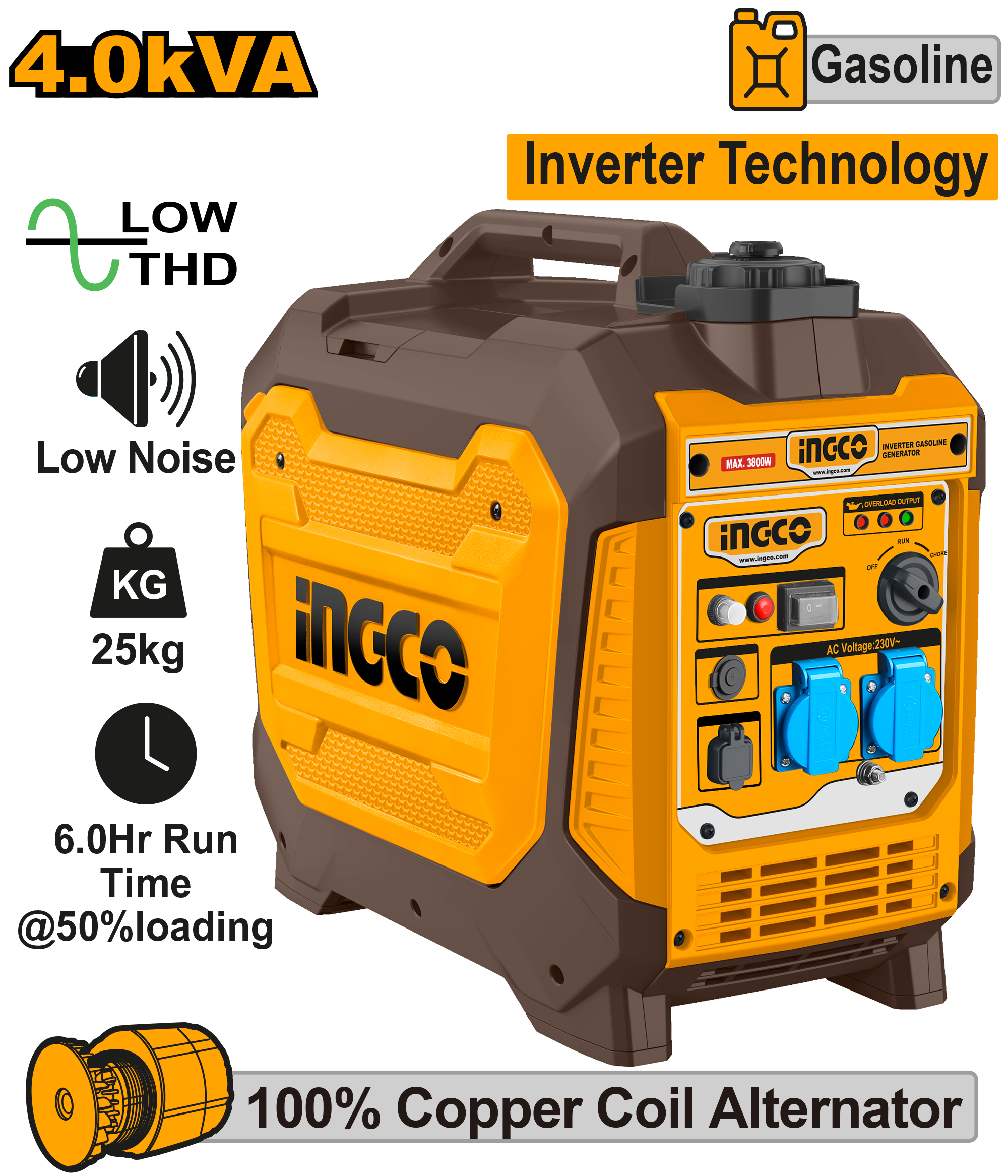 Ingco Ingco Inverter Gasoline Generator 4.0KVA 220-240V 60Hz GEI40006-5P ING-PT