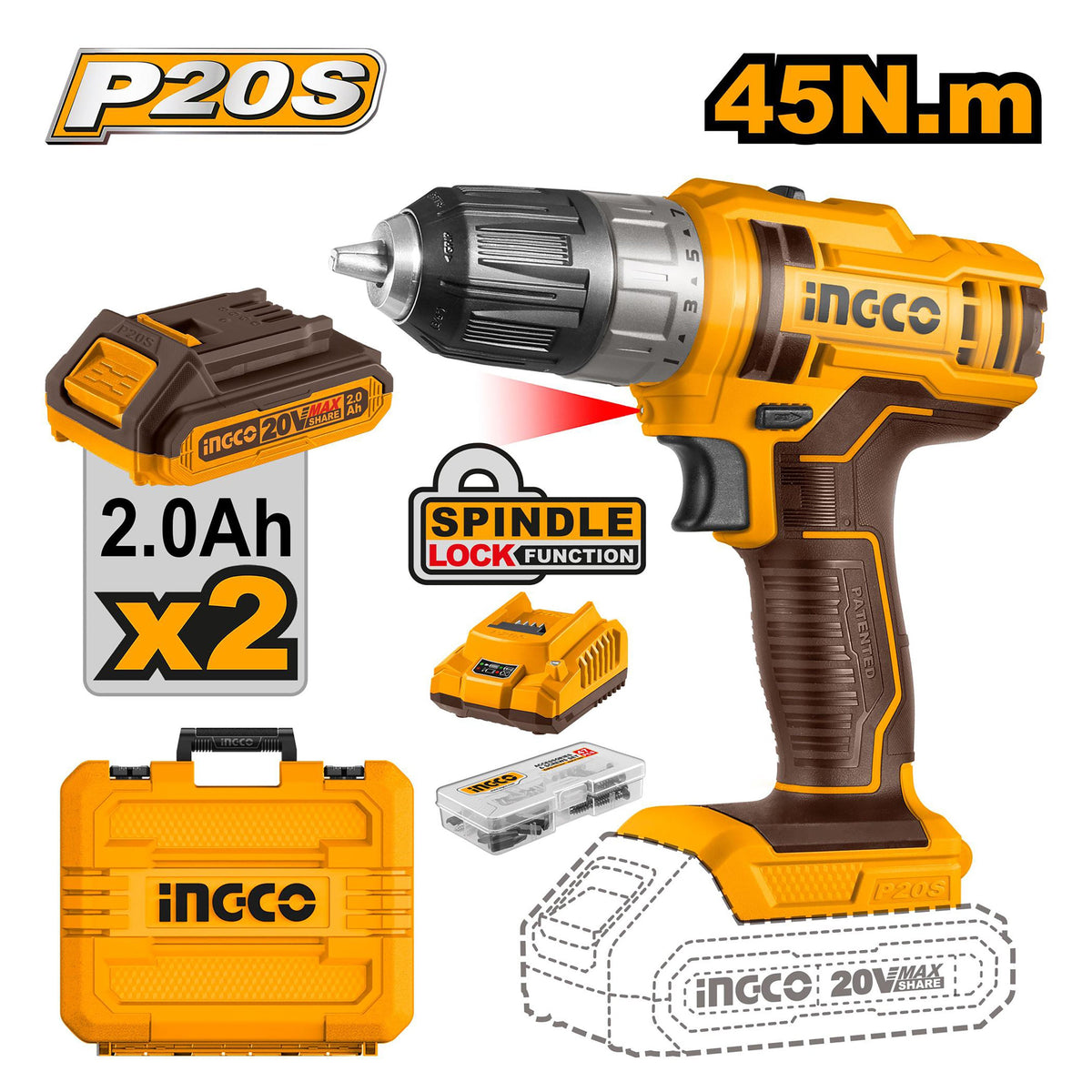 Ingco Ingco P20S 20V Lithium-Ion Cordless Drill (Super Select) CDLI200528 ING-CT