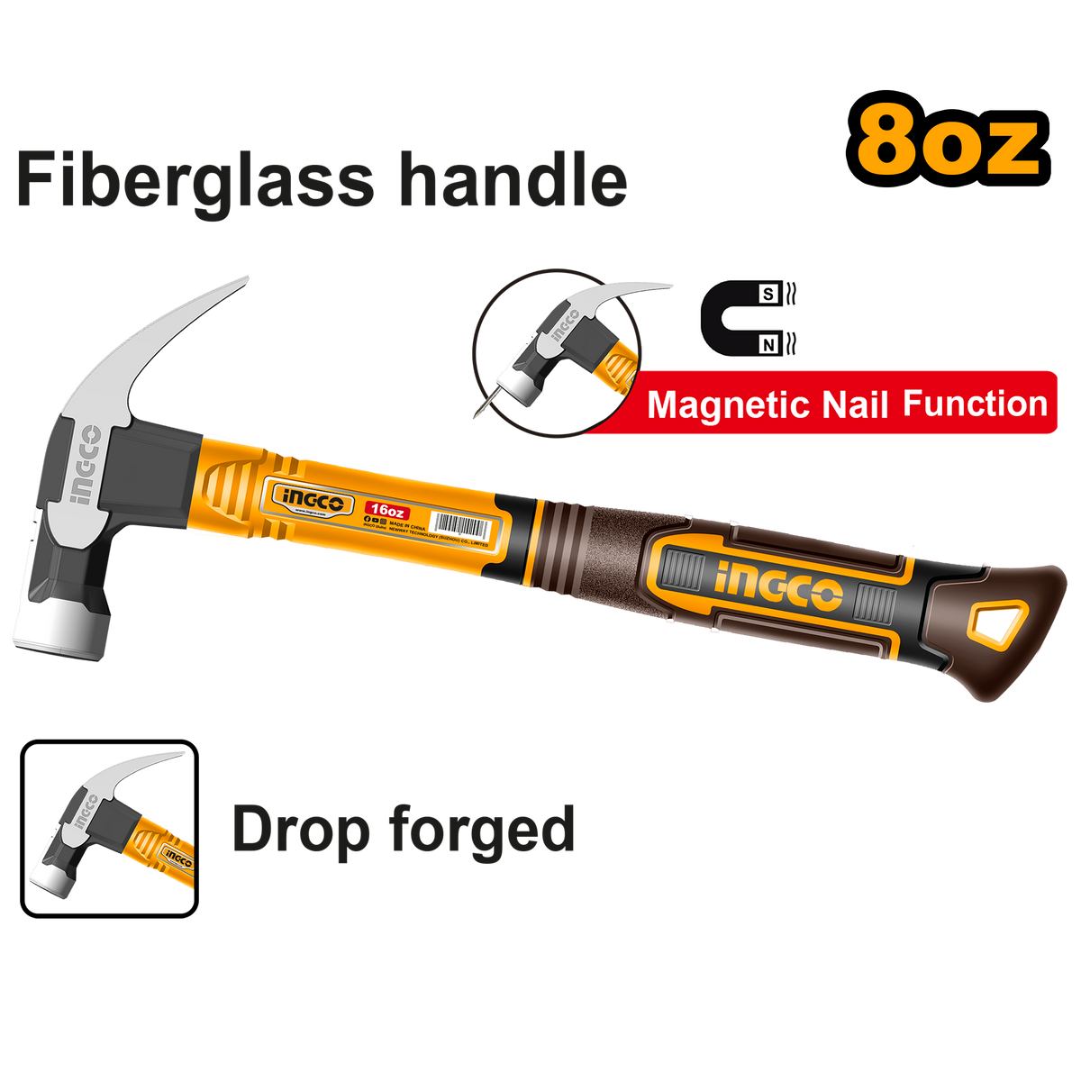 Ingco Ingco Claw Hammer 8oz/220g | 16oz/450g | 20oz/560g Strong Three-Color Fiberglass Handle