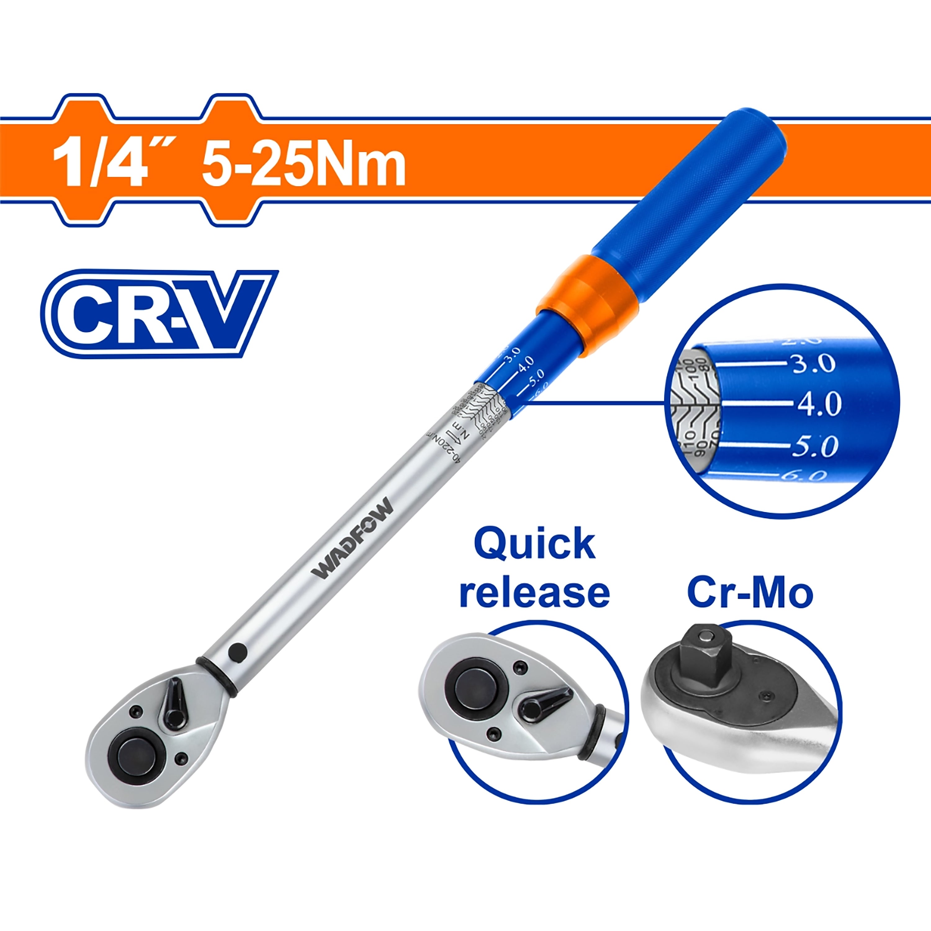 Wadfow by Winland  1/2",1/4",3/8" Cr-V + Cr-Mo steel Heat Treatment Preset Torque Wrench WWQ1D WAD-HT