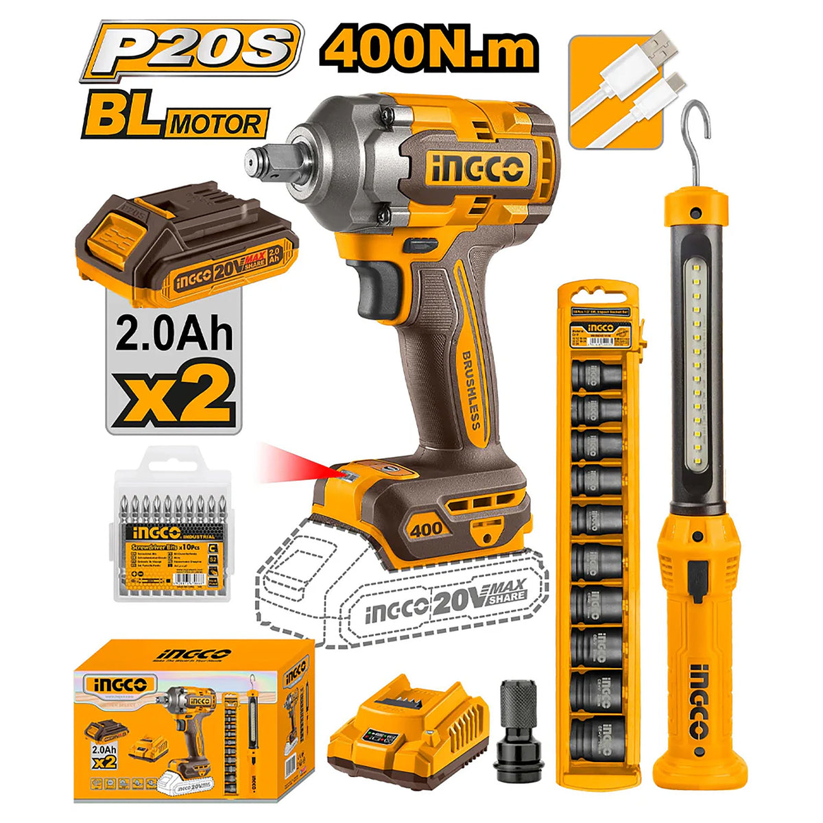 P20S/20V 2PCS Combo Kit with Lithium-Ion Cordless Impact Wrench COSLI23048 ING-COR
